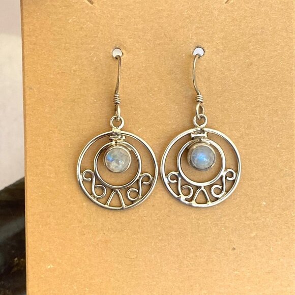 Sterling Silver 925 Round Moonstone Cabochon Round Scrollwork Dangle Earrings - Picture 11 of 16